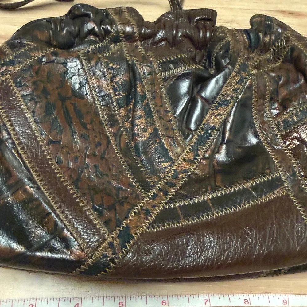 Vintage Brown Patchwork Leather Exotic Embossed Frame Shoulder Bag Bronze 11x7